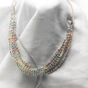 Handmade ribbon necklace with 3mm glass and metal beads - No. 720